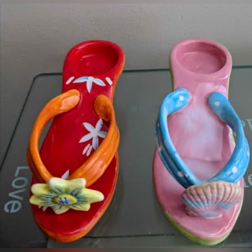 "Nantucket Home" Colorful Pottery Shoe Candle Holder Decor Set 6"x 2.5"